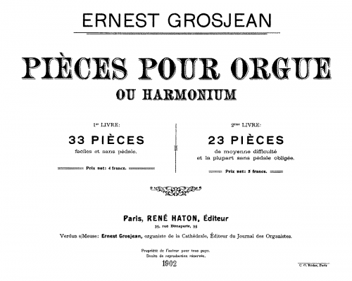 Grosjean - Pièces pour orgue ou harmonium - Score