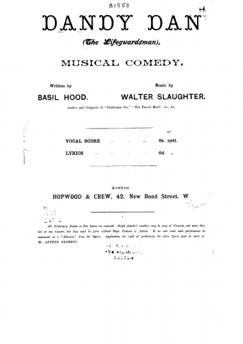 Slaughter - Dandy Dan, or The Lifeguardsman - Vocal Score - Score