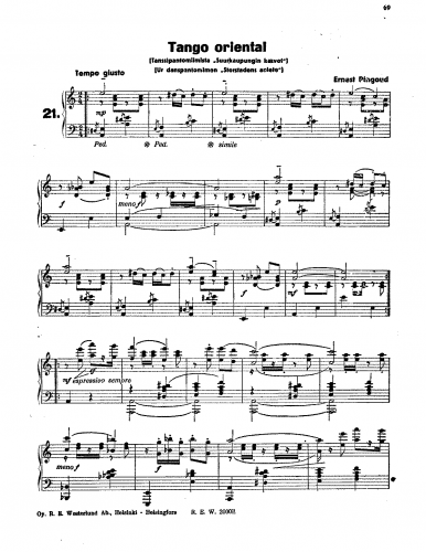 Pingoud - Tanssipantomiimista ''Suurkaupungin kasvot'' - Tango oriental For Piano Solo (Composer) - Score