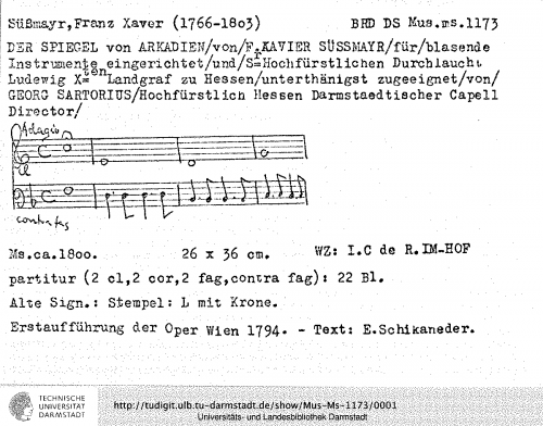 Süssmayr - Der Spiegel von Arkadien - For 2 Clarinets, 2 Bassoons, Contrabassoon and 2 Horns (Sartorius) - Score