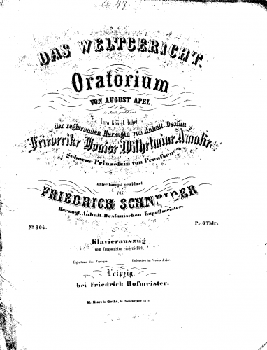 Schneider - Das Weltgericht - Vocal Score - Incomplete Score