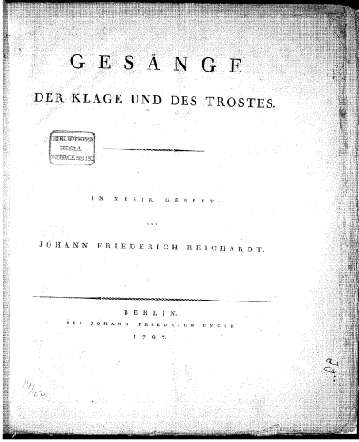 Reichardt - Gesänge der Klage und des Trostes - Score