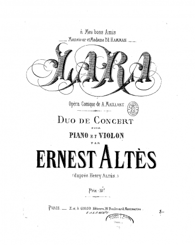 Altès - Duo de concert sur 'Lara', opéra comique de A. Maillart - For Violin and Piano (Altès)