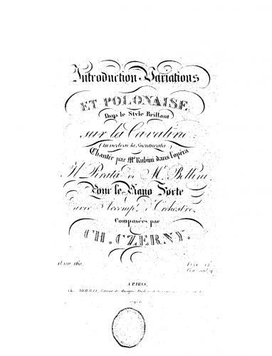 Czerny - Introduction, variations et polonaise dans le style brillant sur la cavatine, 'Tu vedrai la sventurata'