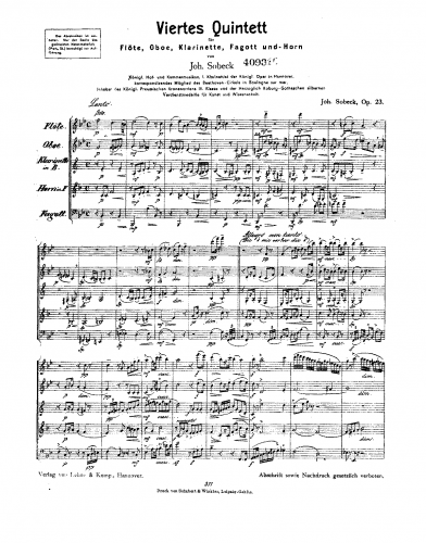 Sobeck - Wind Quintet No. 4, Op. 23