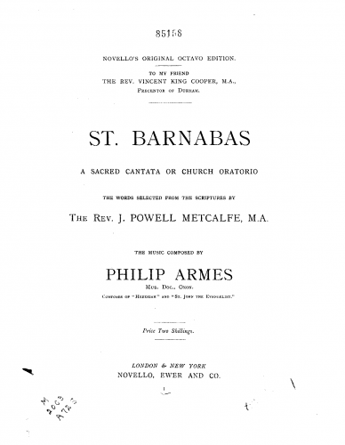 Armes - St. Barnabas. A sacred cantata or church oratorio. - Score