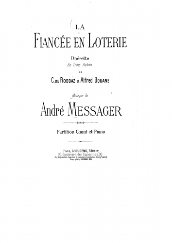 Messager - La fiancée en loterie - Vocal Score - Score