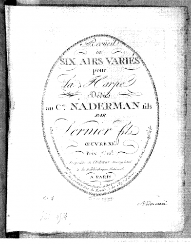 Vernier - 6 Airs variés pour la harpe, Op. 11 - Score