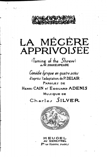 Silver - La mégère apprivoisée - Vocal Score - Vocal Score