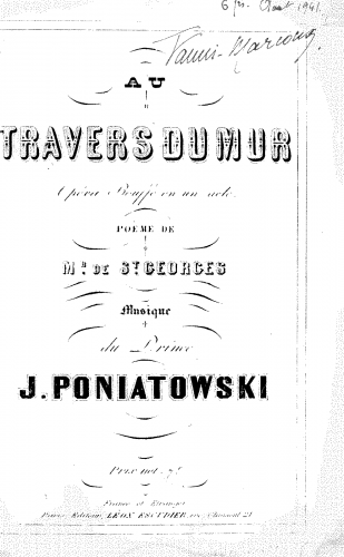 Poniatowski - Au travers du mur - Vocal Score - Score