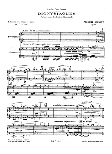 Schmitt - Dionysiaques, Op. 62 - For Piano 4 hands (Composer) - Piano score