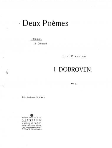 Dobrowen - Deux poèmes pour piano, par I. Dobroven. Op. 3. - Score