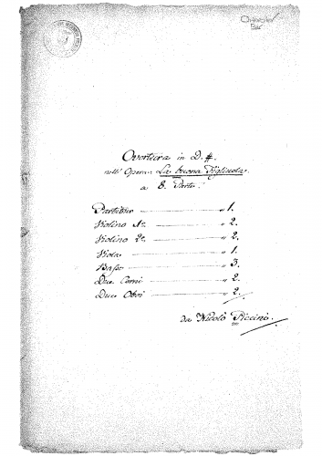 Piccinni - La buona figliuola; La Cecchina; Cecchina zitella; La buona figliuola zitella; La buona figliuola puta; La baronessa riconosciuta; Cecchina nubile, o La buona figliuola - Overture - Score