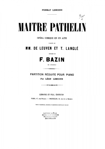 Bazin - Maître Pathelin - For Piano solo (Lemoine) - Score