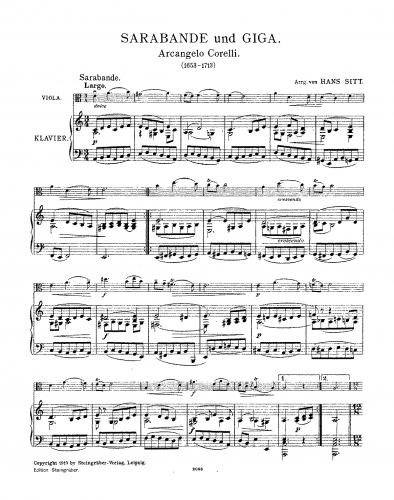 Corelli - 12 Violin Sonatas, Op. 5 - Sonata No. 8 in E minor For Viola and Piano (Sitt) - III. Sarabande and IV. Giga - Piano Score and Viola Part