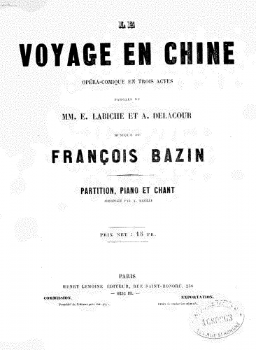 Bazin - Le voyage en Chine - Vocal Score - Score