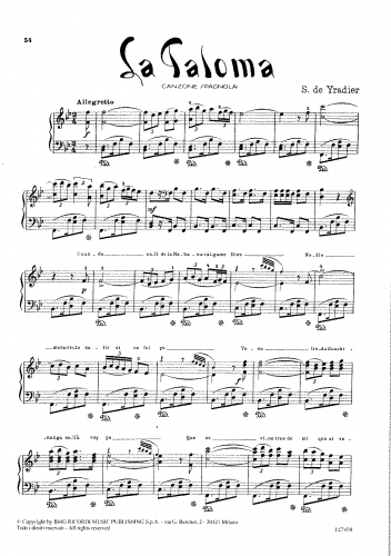 Yradier - La Paloma - Voice and Piano - Piano Score (text above top staff)