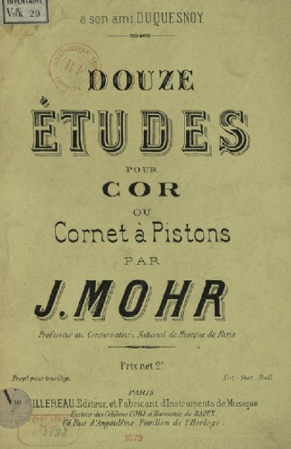 Mohr - Douze études pour cor ou cornet à pistons - Score