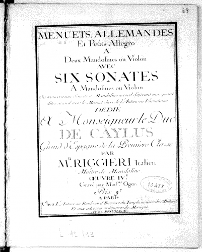 Riggieri - Menuets, Allemandes et Petits Allegro avec 6 Sonates - Score