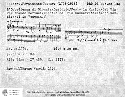 Bertoni - L'Obbedienza di Gionata - Score