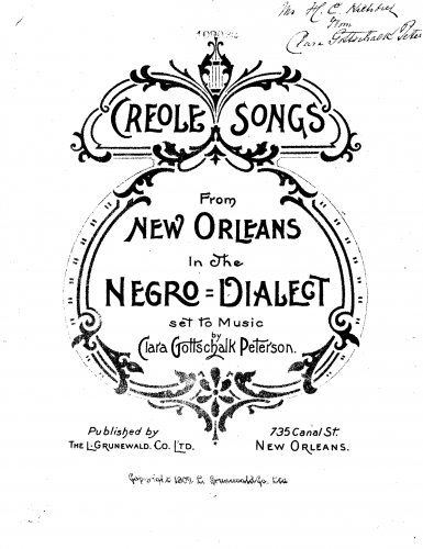 Peterson - Creole Songs from New Orleans in the Negro Dialect - Score