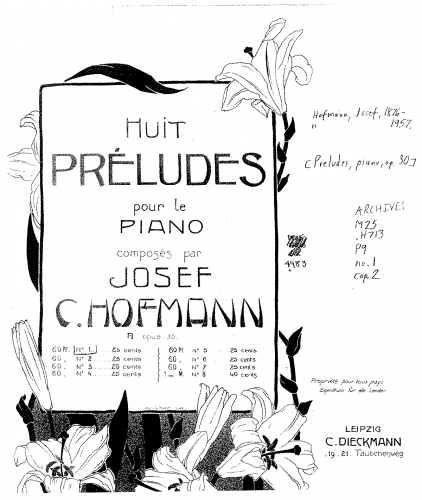 Hofmann - 8 Préludes, Op. 30 - Score