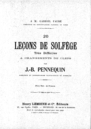 Pennequin - 20 Leçons de solfège à changements de clefs - Score