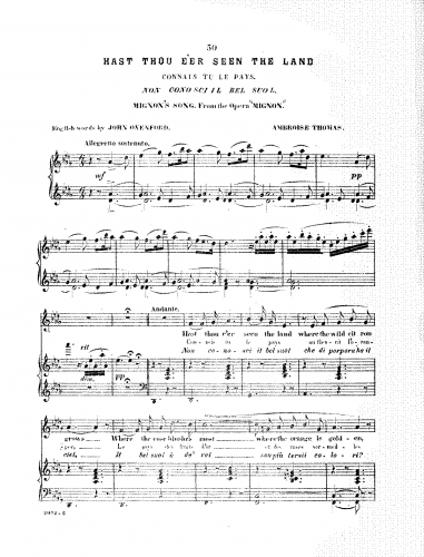 Thomas - Mignon - Vocal Score Romance "Connais-tu le pays?" (Act I) - Score