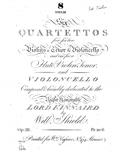 Shield - Six quartettos, five for two violins, a tenor & violoncello and one for a flute, violin, tenor, and violoncello