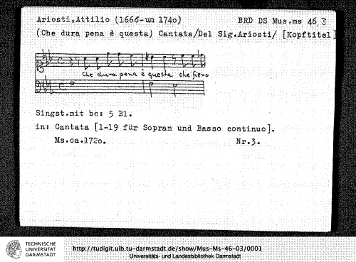 Ariosti - Che dura pena è questa - Score