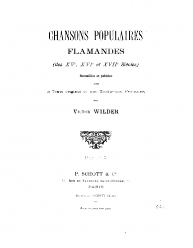 Wilder - Chansons populaires flamandes (des XVe. XVIe et XVIIe siècles) - Score