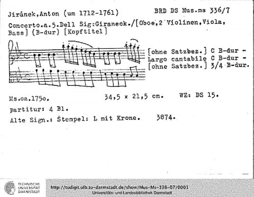 Jiránek - Oboe Concerto in B-flat major, Mus Ms 336-7 - Score