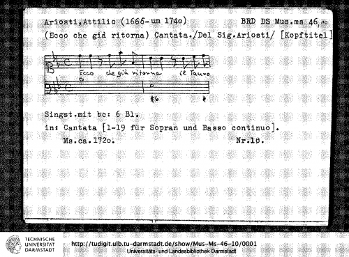 Ariosti - Ecco che già ritorna - Score