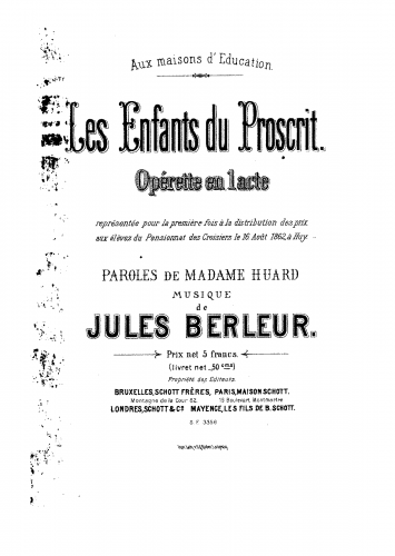 Berleur - Les enfants du proscrit - Vocal Score - Score