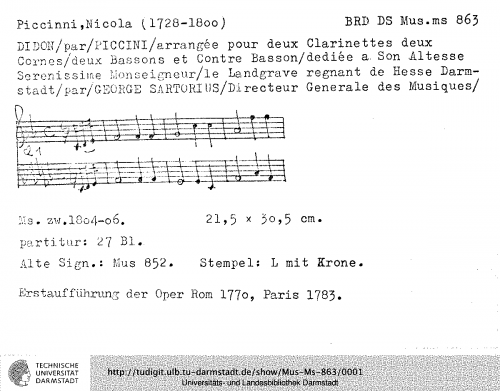 Piccinni - Didon - Selections for 2 Clarinets, 2 Bassoons, Contrabassoon and 2 Horns (Sartorius) - Score