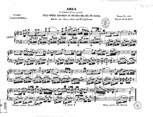 Coccia - Edoardo in Scozia - Aria: LÃ  d'Imene all'ara accanto For Piano solo (Truzzi) - Score