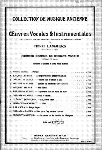 Lammers - Premier recueil de musique vocale (XVIe et XVII e siècles) - Score