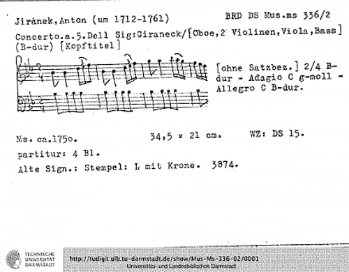 Jiránek - Oboe Concerto in B-flat major, Mus Ms 336-2 - Score