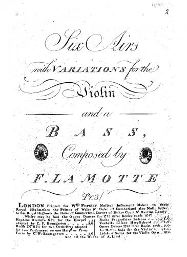 Lamotte - Six airs with variations - Score