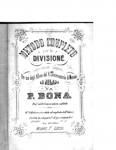 Bona - Metodo completo per la divisione per uso degli Allievi del R. Conservatorio di Musica in Milano - Score