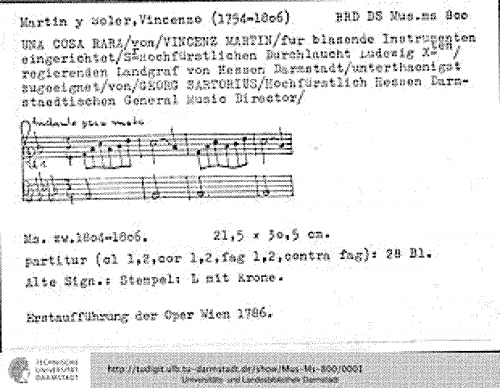 MartÃ­n y Soler - Una cosa rara, o sia Bellezza ed onestà - Selections For 2 Clarinets, 2 Bassoons, Contrabassoon and 2 Horns (Sartorious) - Score