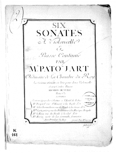 Patouart - 6 Cello Sonatas, Op. 2 - Score