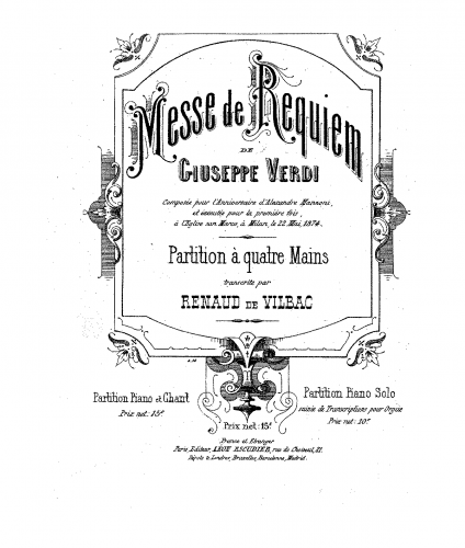 Verdi - Requiem - 1874 version For Piano 4 hands (Vilbac) - Score