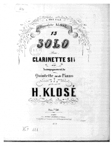 Klosé - Solo No. 13 for Clarinet and Piano - For Clarinet and Piano