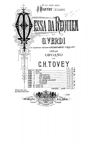 Verdi - Requiem - 1875 version For Organ (Tovey) - Score